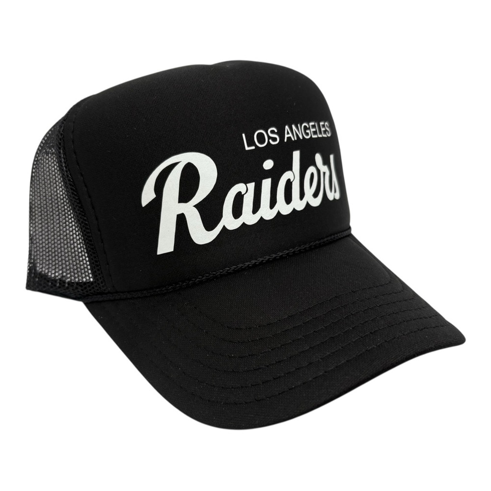 NEW VINTAGE STYLE SPORTS SCRIPT LOS ANGELES RAIDERS BLACK TRUCKER HAT CAP ADUL…